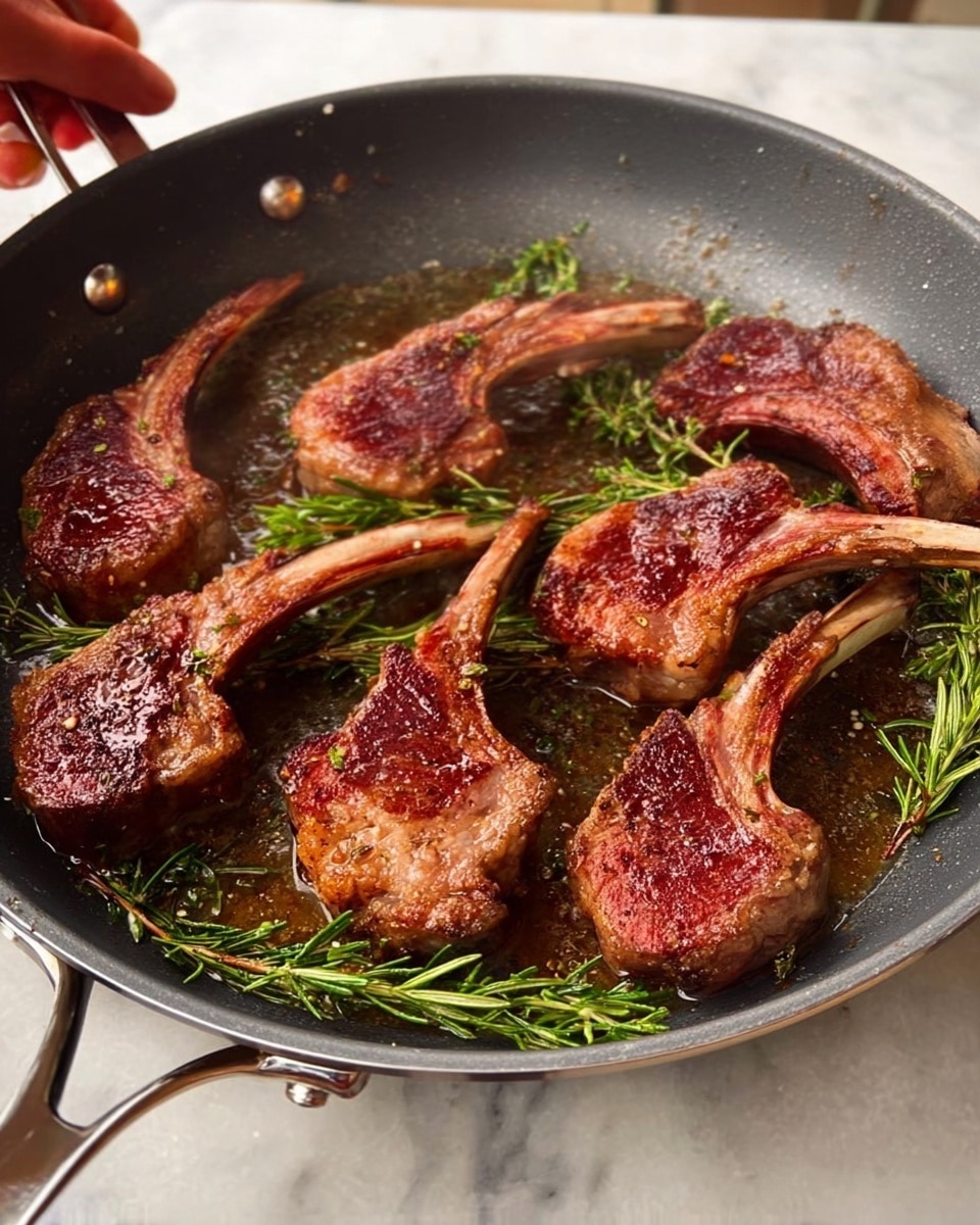 A frying pan filled with eight cooked lamb chops, each with a long bone extending out and a browned, slightly crispy texture on the meat. The lamb chops have a deep reddish-brown color on top with some sizzling oil reflecting light around them. Fresh sprigs of green rosemary are placed among the chops, adding a touch of bright color. A woman's hand is holding the metal handle of the pan, which sits on a white marbled surface. The pan has a dark gray, non-stick interior with silver rivets on the side. photo taken with an iphone --ar 4:5 --v 7