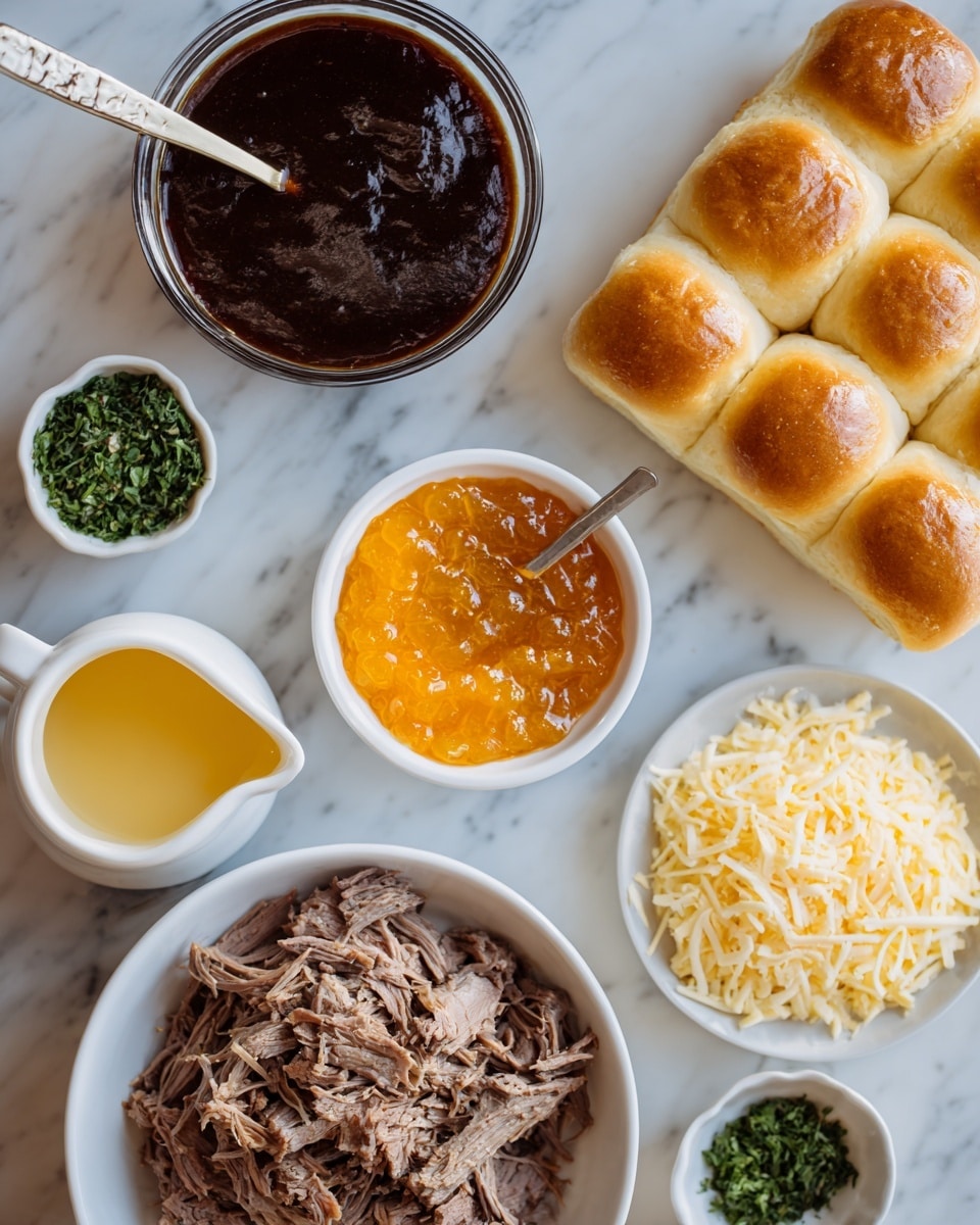 The image shows several ingredients placed on a white marbled surface. There is a clear glass bowl with dark brown BBQ sauce and a light-colored spoon inside it. Next to it, a small white bowl contains bright orange apricot jam with a spoon. Below these, a white jug holds melted yellow butter. Beside that, two small white bowls have dried green parsley and light brown brown sugar. A rectangular group of golden brown Hawaiian rolls sits near the center right, next to two slices of pale yellow Swiss cheese with small holes. At the bottom, a round white bowl is filled with shredded brown brisket meat. photo taken with an iphone --ar 4:5 --v 7