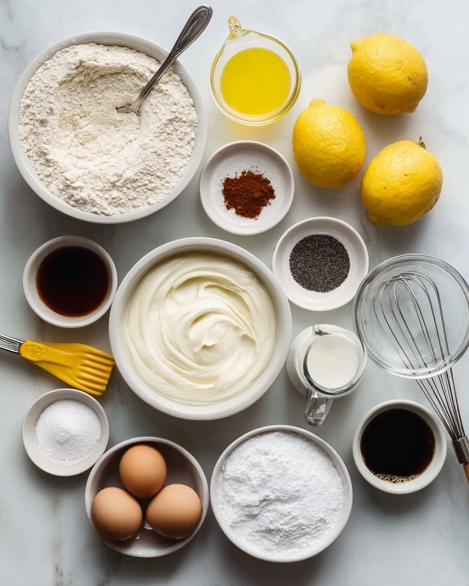 The image shows several white bowls arranged on a white marbled surface, each containing different ingredients. The largest bowl on the left is filled with light beige flour with a spoon inside. Next to it are three small white bowls holding black poppy seeds, white salt, and brown cinnamon powder. A bigger bowl at the center holds smooth white yogurt. Two whole yellow lemons are placed on the upper right. A clear glass measuring cup with yellow oil and a glass of white milk appear nearby. Below, a small bowl contains two brown eggs, and another white bowl holds white powdered sugar. A small glass bowl with dark vanilla extract sits close to the eggs. Various kitchen tools, including a yellow spatula, sifter, and whisk, are arranged around the ingredients. Photo taken with an iphone --ar 4:5 --v 7