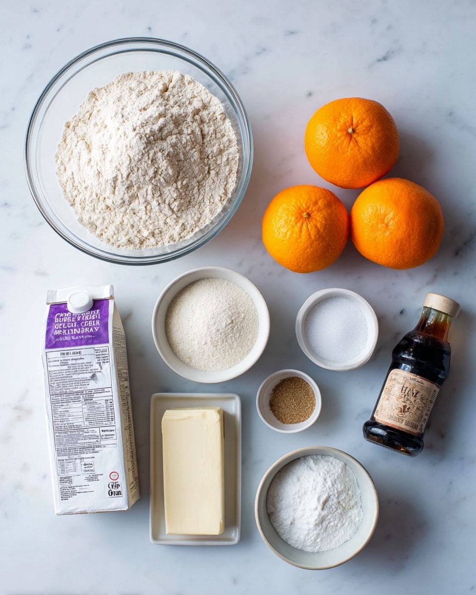 The image shows several clear glass bowls and containers on a white marbled surface. In the top left corner, a large bowl holds unbleached all-purpose flour, pale and powdery with a rough texture. To the right, a smaller bowl contains granulated sugar, bright white and fine. Below the flour bowl, there is a small container of ground cardamom with a brown, powdery texture, and near it, a small bowl with coarse kosher salt, white and crystalline. Next to the salt is a small bowl of baking powder, white and powdered with a smooth look. In the middle-left, a white carton of heavy cream stands up, its label purple and white. Below the carton, a stick of unsalted butter is placed horizontally, pale yellow with measurement markings. At the center, two whole oranges with bright orange skin add color and texture. To the right of the oranges, a dark brown bottle of vanilla extract sits, its label beige with black text. The items are neatly spaced on the surface, creating a clean, organized layout. Photo taken with an iphone --ar 4:5 --v 7