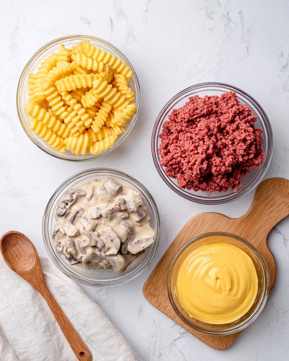 The image shows four glass bowls on a white marbled surface. The top left bowl contains yellow crinkle-cut fries, the center bowl holds raw red ground meat, the bottom left bowl has creamy white mushroom sauce with pieces of mushrooms, and the top right bowl features smooth bright yellow cheese sauce placed on a small wooden board. Next to the bowls, there is a small wooden spoon and part of a white cloth visible. Photo taken with an iphone --ar 4:5 --v 7