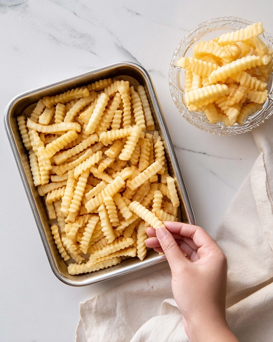 A silver rectangular tray filled with crinkle-cut raw frozen fries evenly spread all over it, next to a white bowl-shaped glass dish also full of the same frozen fries. A woman's hand is holding one fry above the tray. The scene is set on a white marbled surface with a light cream cloth partially visible at the top right side. photo taken with an iphone --ar 4:5 --v 7