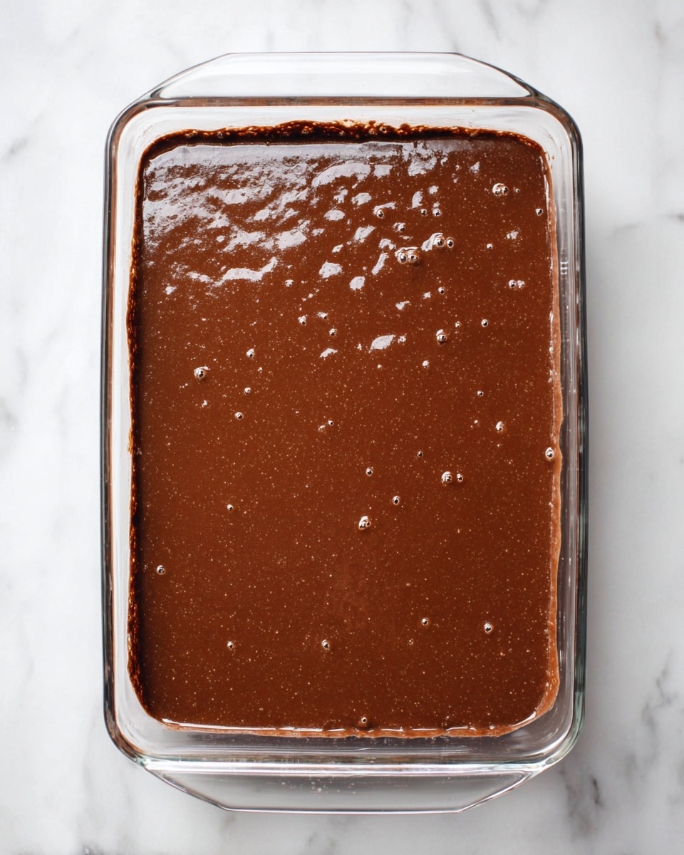 A clear rectangular glass baking dish filled with one even layer of rich brown chocolate batter, smooth with small bubbles on the surface, sitting on a white marbled texture. The batter evenly covers the bottom of the dish, appearing thick and glossy. photo taken with an iphone --ar 4:5 --v 7