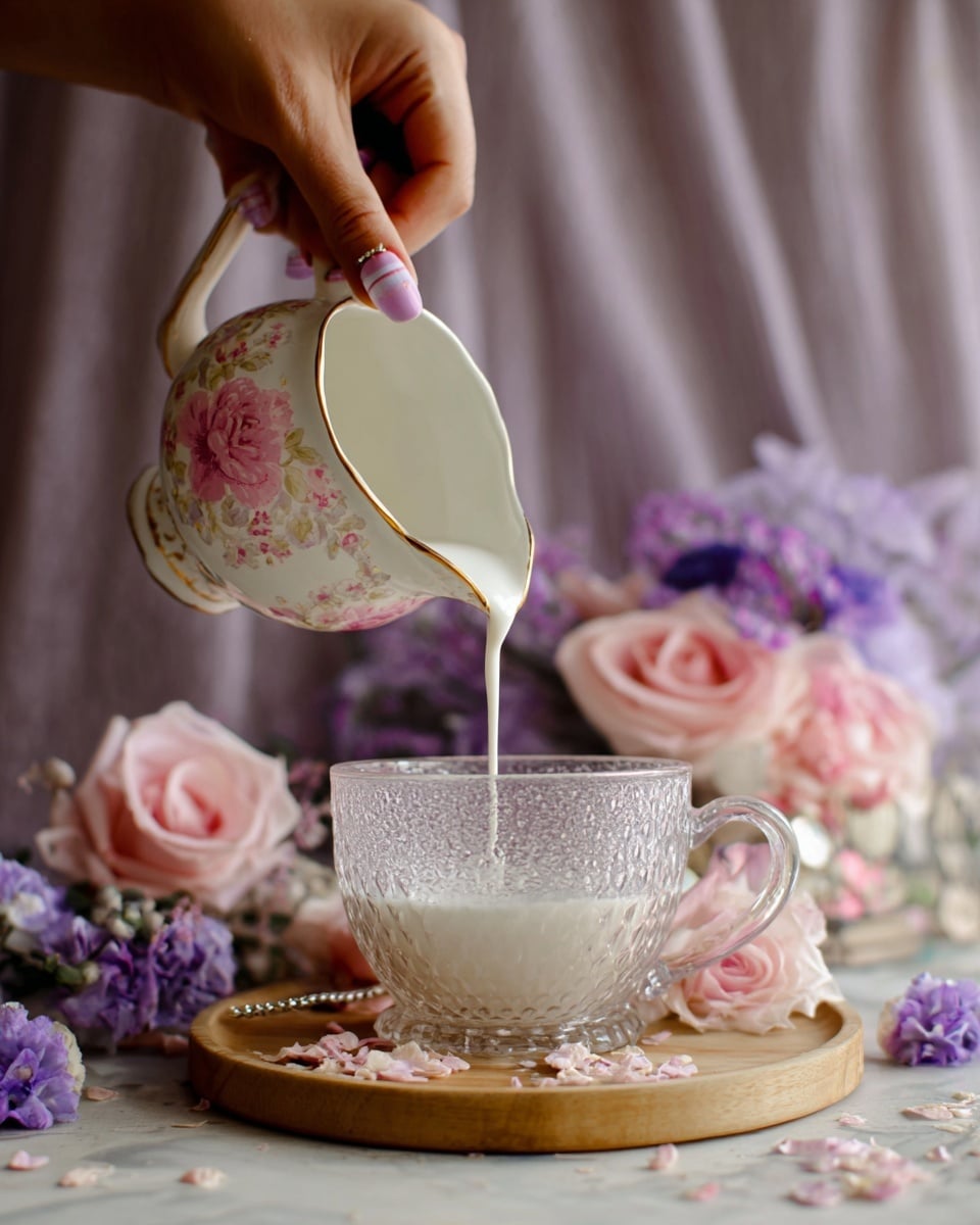 A woman's hand with light pink nails pours white liquid from a small floral teapot with pink flowers and gold trim into a textured clear glass cup filled halfway with white liquid. The cup sits on a round light wooden tray. The background includes soft pink roses and purple flowers on a light purple cloth with a white marbled texture surface underneath. Photo taken with an iphone --ar 4:5 --v 7