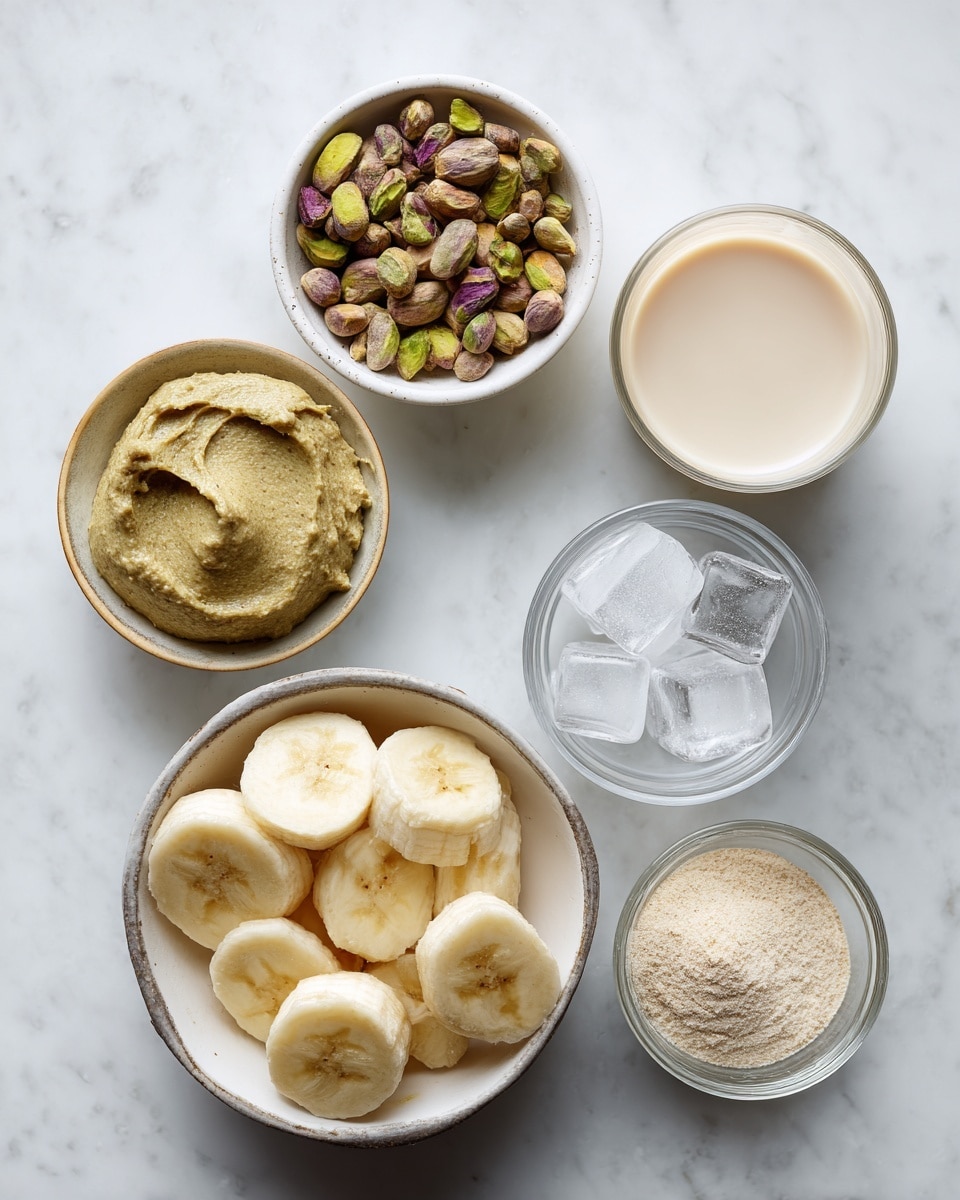 The image shows six small white bowls on a white marbled surface, each holding a different ingredient. The top left bowl contains green and purple pistachios with a rough texture. Below it, a white bowl holds thick, smooth, and creamy pistachio butter in a greenish-brown color. In the center bottom, a larger white bowl is filled with thick slices of frozen bananas that look pale yellow with a frosty coating. To the top right, a clear glass bowl contains a light beige liquid labeled unsweetened almond milk. Below this, a small clear bowl holds a fine, light creamy vanilla protein powder. Finally, the bottom left white bowl with a thin black rim holds several clear and slightly frosted ice cubes. The bowls are arranged neatly, each ingredient clearly visible. photo taken with an iphone --ar 4:5 --v 7