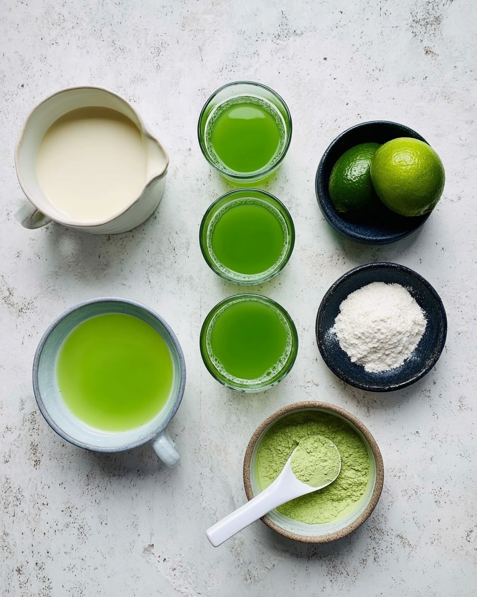 The image shows a top-down view of several items arranged on a white marbled surface. On the left side, there is a small white bowl with a light creamy substance, a small white pitcher with milk, and a dark bowl holding a green lime. In the center, there are three clear glasses filled with a bright green liquid, lined up vertically. On the right side, there is a white bowl with a green liquid and a white ladle resting inside it, and a small black bowl containing a white powdery ingredient. The colors are vibrant with the green liquids contrasting against the neutral tones of the bowls and surface. photo taken with an iphone --ar 4:5 --v 7