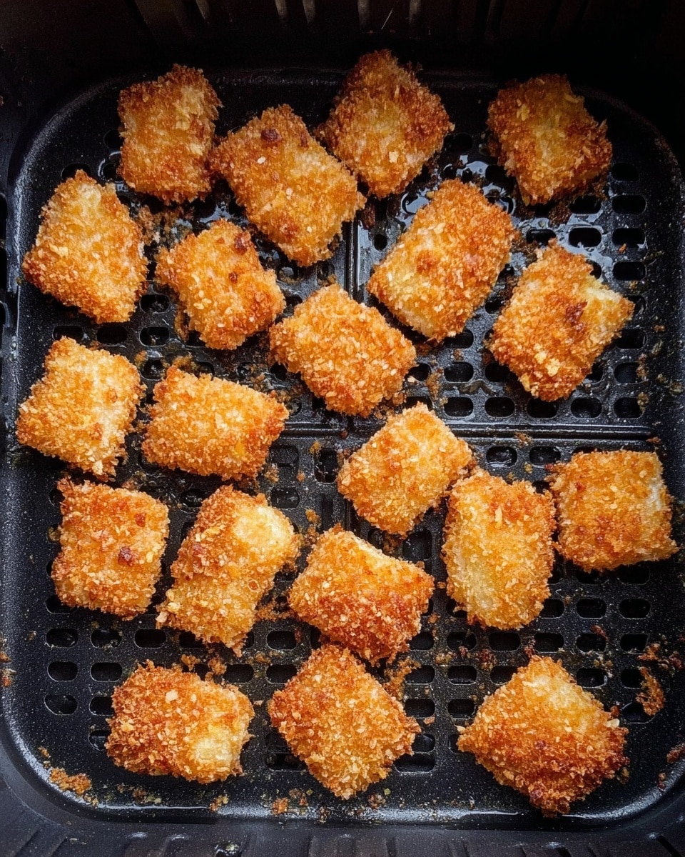 A black air fryer basket filled with about 15 small golden-brown crispy pieces with a rough bread crumb texture, spaced out evenly on the basket's dark grid surface, showing slight crumbs scattered around; the pieces have uneven shapes with a crunchy coating and appear freshly cooked. photo taken with an iphone --ar 4:5 --v 7