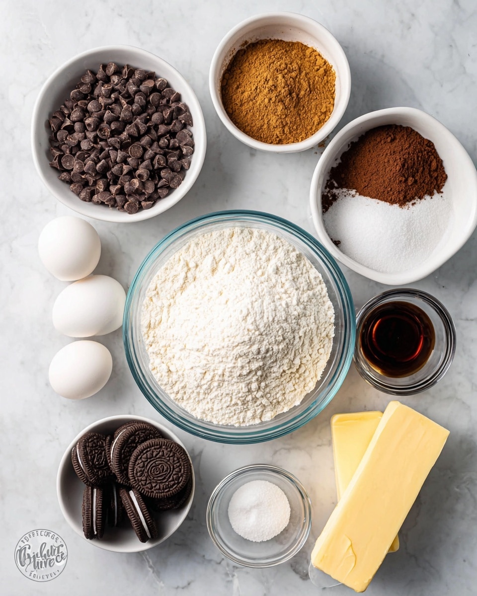 The image shows several ingredients laid out on a white marbled surface. In the center, there is a medium glass bowl filled with white flour. Surrounding it are smaller white bowls: one filled with dark chocolate chips, another with light brown sugar, a third with white granulated sugar, a fourth with cocoa powder, and a fifth with whole Oreo cookies. There is also a small clear glass bowl with dark vanilla extract and another small clear bowl holding white baking soda and powder. Four white eggs sit in a small white bowl at the left, and two sticks of salted butter wrapped in yellow paper rest at the bottom right. The overall arrangement is neat and visually balanced, showing raw dry and wet ingredients ready for baking. photo taken with an iphone --ar 4:5 --v 7