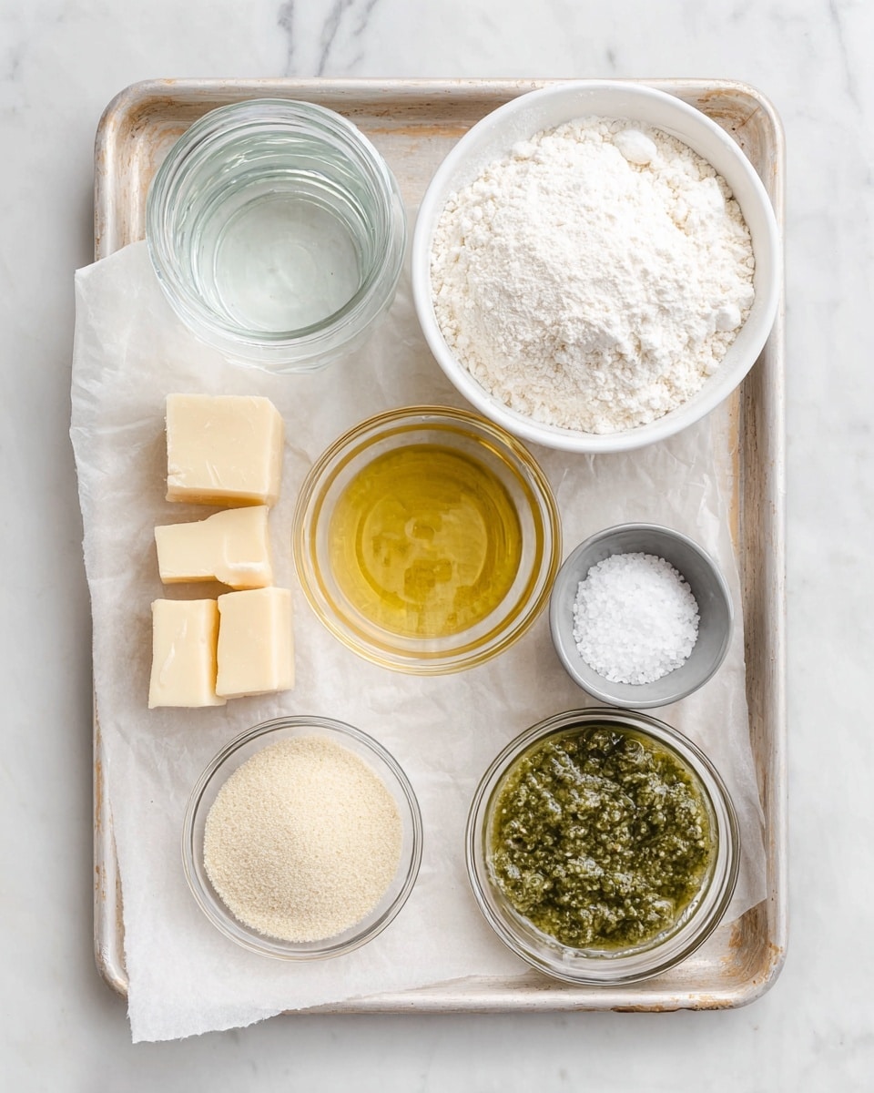The image shows a tray with several small dishes of ingredients arranged neatly on a white marbled surface. At the top right, there is a white bowl filled to the brim with a soft white powder. To the left of the bowl, there is a clear glass jar filled with water. Below the jar, a small clear bowl holds golden yellow oil. Three small chunks of pale yellow cheese sit just below the oil. To the right of the cheese, a small grey bowl contains coarse white salt. In the center of the tray, there are three small clear bowls filled with different powders: white granules, light beige granules, and fine white salt. To the far right, a clear bowl is filled with a green, slightly chunky sauce with visible bits of herbs. The tray itself is covered with white parchment paper. photo taken with an iphone --ar 4:5 --v 7