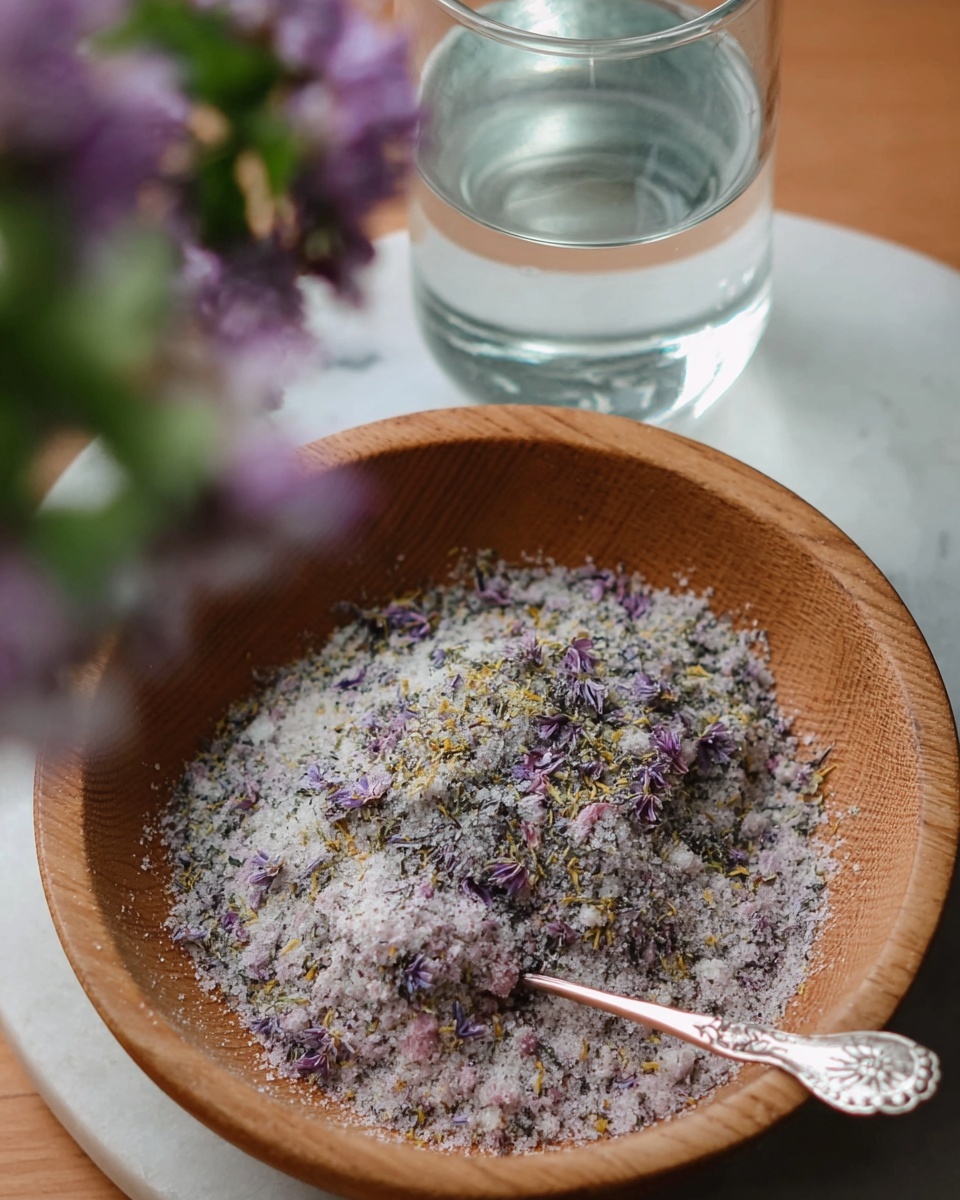 A close-up image shows a light brown wooden bowl filled with a coarse mix of salt and small purple flower petals, sprinkled with hints of yellow and green bits. A small silver spoon with ornate details rests inside the bowl at the bottom right, partly buried in the salt mix. Above the bowl, a clear glass with water is partially visible, placed on a smooth white marbled surface. Blurred green and purple flowers frame the upper left corner of the image, creating a soft natural feel. photo taken with an iphone --ar 4:5 --v 7
