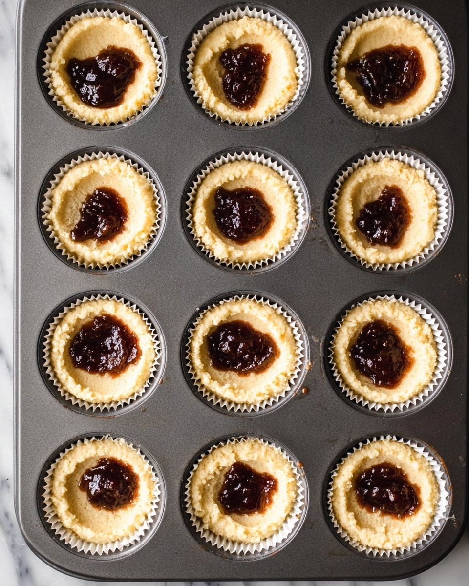 The image shows twelve unbaked cupcakes in a dark gray metal baking tray, each in a white cupcake liner. Each cupcake has two visible layers: a thick, pale yellow dough base with a rough texture forming the main bulk, topped with a dollop of dark brown, glossy jam or filling in the center. The tray rests on a white marbled surface, and the cupcakes are evenly spaced everywhere in neat rows. Photo taken with an iphone --ar 4:5 --v 7