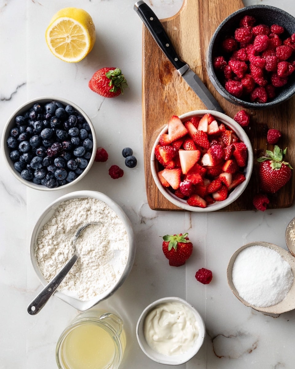 A white marbled surface holds a wooden cutting board with a black knife beside a bowl filled with chopped red strawberries, scattered whole and cut strawberries around it. To the left, there is a white bowl full of dark blue blueberries, some spilling onto the surface, and a dark bowl filled with red raspberries above it. Below the cutting board, a half lemon with a bright yellow color sits beside a white bowl of white flour with a metal scoop inside. Near the bottom of the image, a small glass jar contains a light yellow liquid, and next to it is a white bowl holding white sugar with a spoon inside. A small portion of white cream in a bowl is also visible in the corner. Photo taken with an iphone --ar 4:5 --v 7