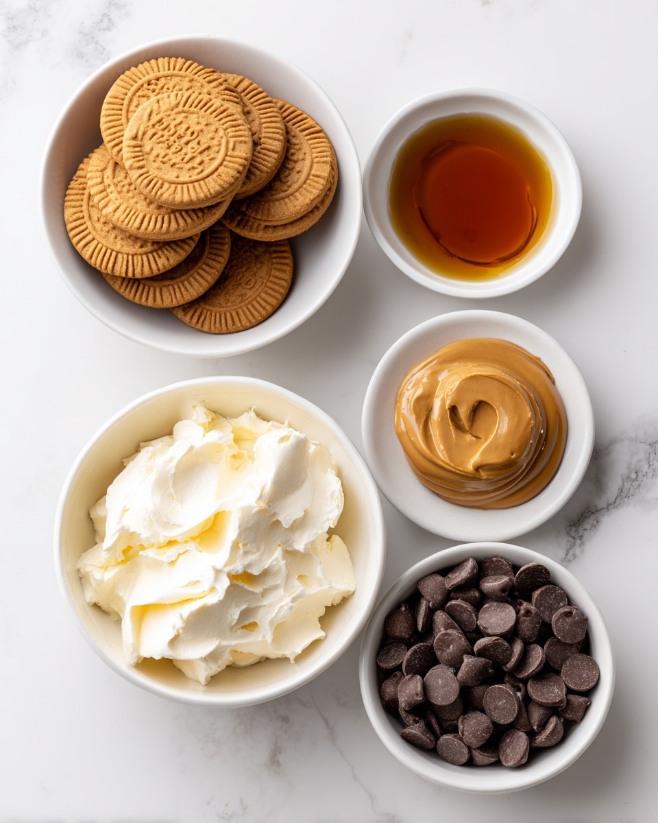 The image shows five white bowls arranged on a white marbled surface. In the top left bowl, there are multiple Biscoff cookies, light brown with a ridged edge and embossed lettering, stacked loosely. To the right of that is a small bowl with dark amber vanilla extract. Below it is a white bowl filled with creamy, soft cream cheese that appears smooth with some peaks. On the bottom left is a small bowl with smooth Biscoff butter, light brown and shiny. Next to it, a larger bowl is filled with round, solid dark chocolate chips that have a matte finish. All bowls are plain white, creating a clean and simple look. photo taken with an iphone --ar 4:5 --v 7
