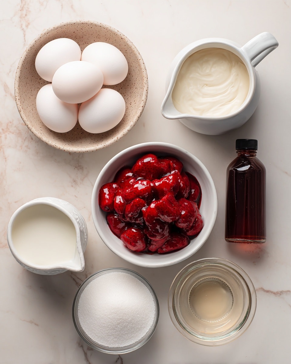 The image shows six ingredients arranged on a white marbled surface with labels nearby. At the top left, five white large eggs rest in a beige speckled round bowl. To the right, a white pitcher filled with heavy cream sits, next to a small brown bottle of vanilla extract with a dark cap on the right side. Below, a white bowl contains bright red roasted strawberries covered in syrup. Near the bottom left, there is a small white pitcher holding whole milk. In the center bottom, a clear glass bowl is filled with granulated white sugar. Lastly, a small clear glass container with a transparent liquid labeled corn syrup is positioned at the bottom right. photo taken with an iphone --ar 4:5 --v 7