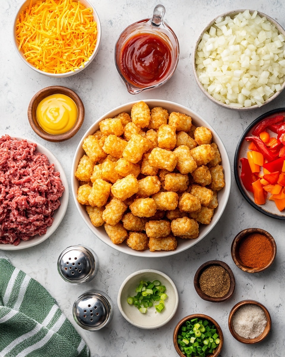 A large white bowl filled with golden-brown tater tots sits in the center on a white marbled surface. Surrounding the bowl are smaller white bowls filled with finely chopped white onions, bright orange diced carrots, shredded yellow cheese, and riced cauliflower with a pale white color. Next to these are a plate with raw ground beef in a reddish color, a clear measuring cup filled with smooth red ketchup, and a black bowl holding diced bright red bell peppers. Small white bowls contain yellow mustard, golden olive oil, dark brown Worcestershire sauce, light brown garlic powder, and deep red paprika. Scattered near the front are small wooden bowls with chopped green onions and pepper shakers with silver tops. A green and white striped kitchen towel is placed to the side. photo taken with an iphone --ar 4:5 --v 7