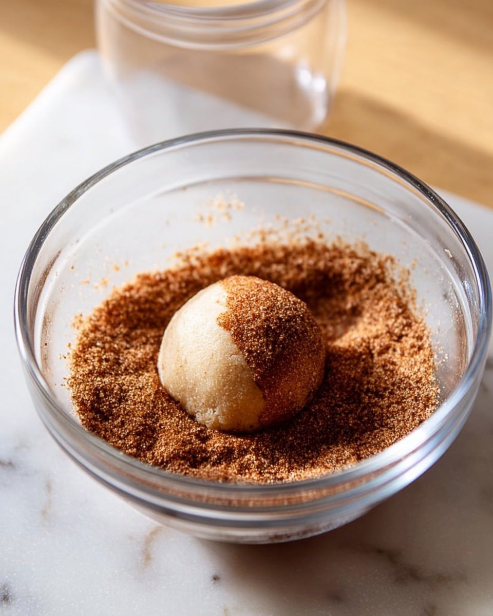 A clear glass bowl sits on a white marbled surface, filled about halfway with a brown spice and sugar mix that looks granular and textured. In the middle of the bowl, there is one round dough ball that is half covered in the brown sugar mix, with the uncovered dough part showing a smooth, pale beige color. The light shines softly from the side, casting gentle shadows inside the bowl. A clear plastic cup is visible off to the left in the background, slightly blurred. photo taken with an iphone --ar 4:5 --v 7