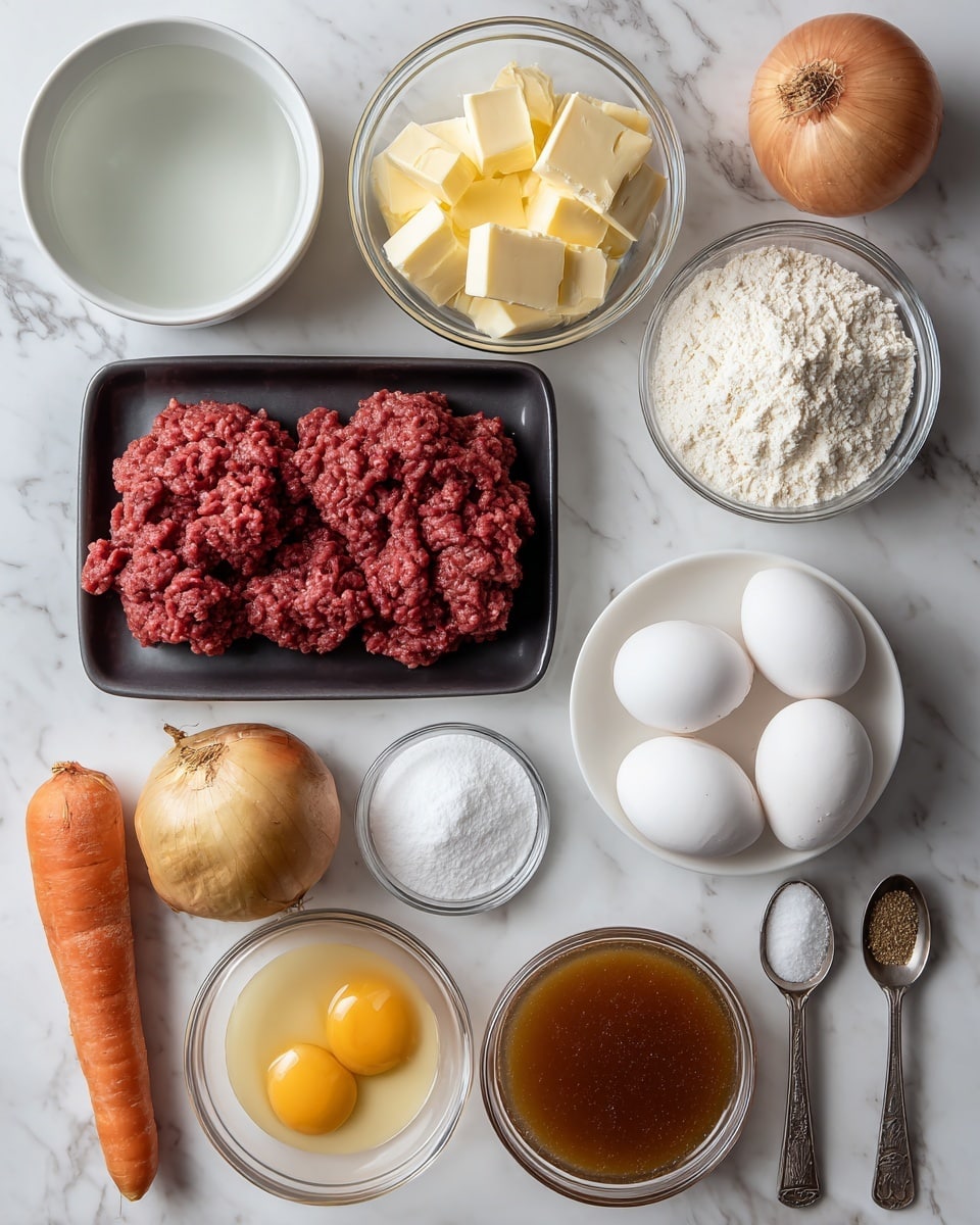 The image shows various cooking ingredients arranged neatly on a white marbled surface. At the top left is a small white bowl filled with clear water, next to it on the right is a transparent bowl with several chunks of pale yellow butter, and further right is another transparent bowl filled with white flour, slightly mounded. In the center below these bowls, a black rectangular tray contains raw dark red ground beef. To the right of the tray, two whole white eggs rest on the surface. On the left side below the water, there is a whole brown onion with its skin partly peeling. Below the onion, a metal measuring spoon holds white sugar, while next to it another spoon with white baking powder is placed above a small golden brown potato. Near the bottom center is a transparent bowl containing brown beef broth. To the right of the broth, two small metal measuring spoons hold salt and pepper. Below that, an orange carrot lies on the surface, and to the left of the broth, a small white bowl with golden oil completes the set. The whole setup is clean and organized, with labels placed above each ingredient showing their names. Photo taken with an iphone --ar 4:5 --v 7