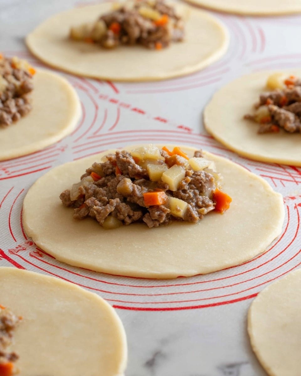 There are several round, thin dough circles placed on a white marbled surface with red measurement lines. Each dough circle is light beige in color and has a slightly rough texture. In the center of some dough circles, there is a mound of chunky filling made of small pieces of brown meat mixed with diced carrots and yellow potatoes, creating a mix of brown, orange, and pale yellow colors with a moist texture. The filling sits slightly raised on the dough, ready to be wrapped. Photo taken with an iphone --ar 4:5 --v 7