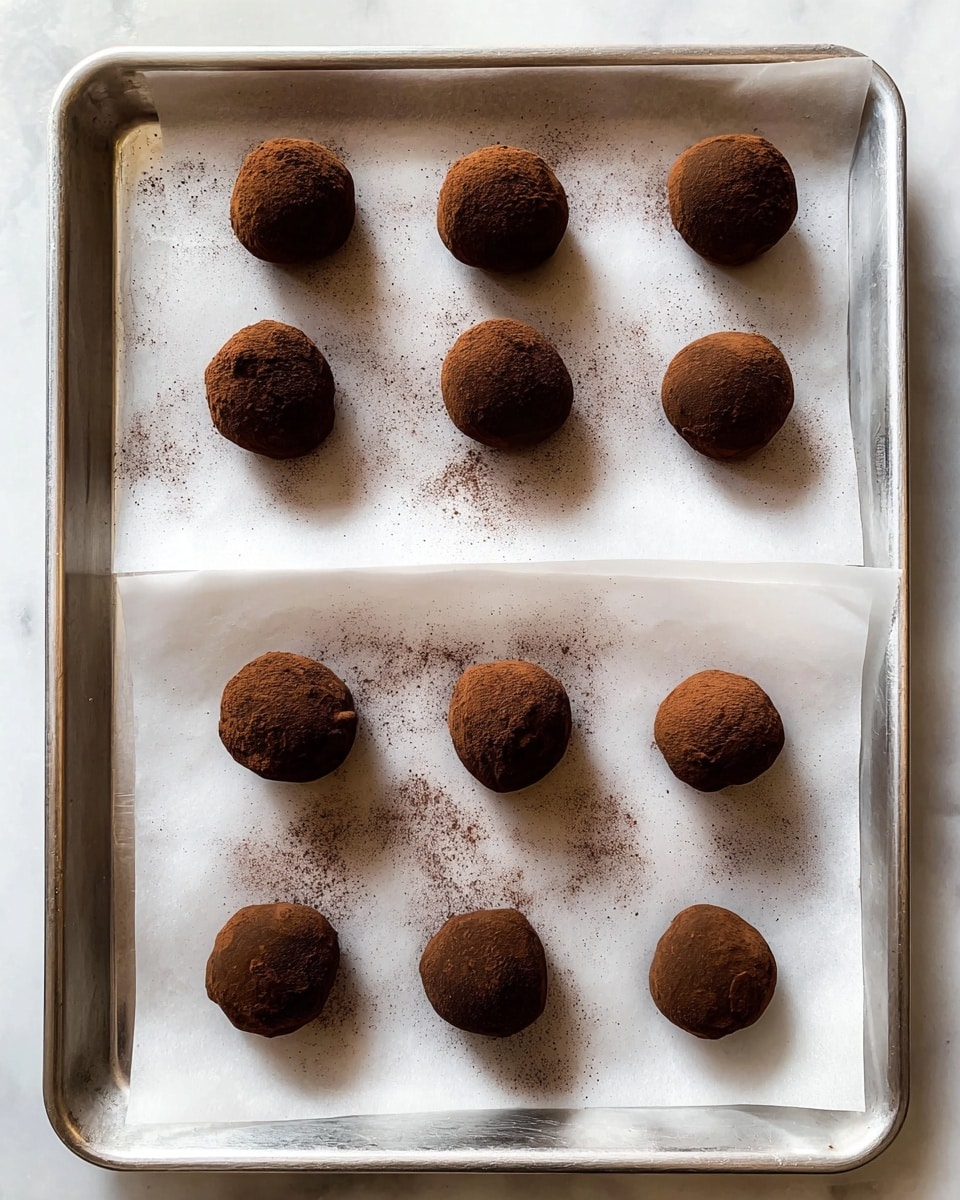 The image shows a metal baking tray covered with two sheets of white parchment paper, each holding several round chocolate balls. The chocolate balls are dark brown with a slightly rough, powdery texture and appear to have a light dusting of cocoa powder. The balls are arranged neatly in rows, with seven on the top sheet and six on the bottom sheet. Some faint cocoa powder marks are visible on the parchment paper beneath the balls, highlighting their placement. The background surface is a white marbled texture. Photo taken with an iphone --ar 4:5 --v 7