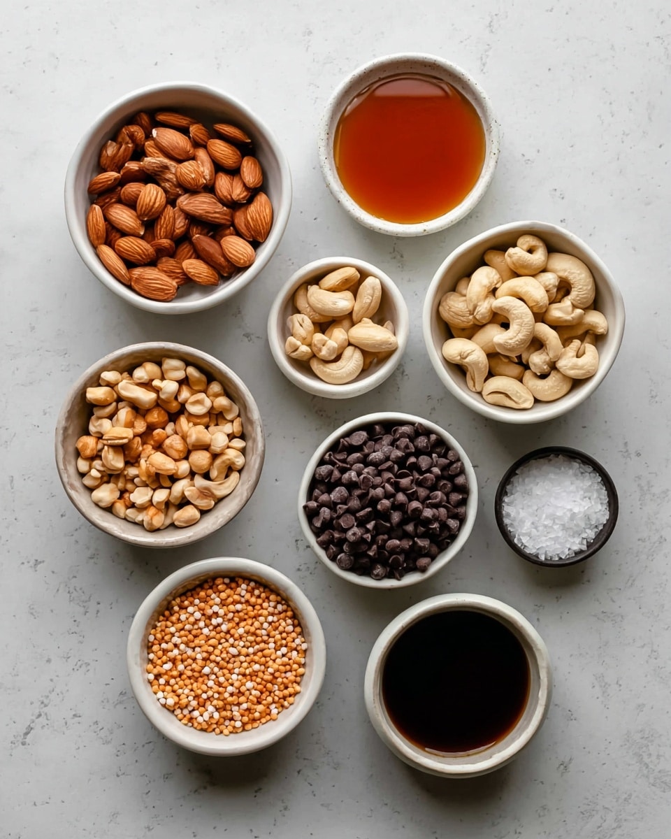 The image shows eight small white bowls arranged on a white marbled surface. From top left, there's a bowl full of whole almonds with a light brown color and smooth texture. To its right, a bowl contains thick amber-colored syrup with a glossy surface. Below the almonds, there's a bowl filled with light brown roasted peanuts, some split and some whole. Next to it on the right is a bowl with pale beige cashew nuts of varying sizes. Below the peanuts, there's a bowl filled with small tan puffed rice grains. In the middle bottom row, there's a bowl containing shiny dark brown chocolate chips. To the right of that is a tiny bowl with coarse white salt crystals, and next to it is a small bowl filled with dark brown liquid with a smooth texture. Photo taken with an iphone --ar 4:5 --v 7