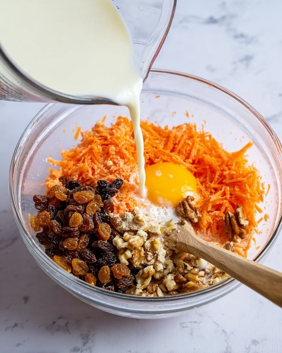 A clear glass bowl sits on a white marbled surface, holding several baking ingredients before mixing. Inside the bowl, shredded bright orange carrots form one layer, topped with a pile of dark brown raisins and light brown chopped nuts. On one side, a raw egg with a bright yellow yolk sits clearly visible. A light cream-colored liquid is being poured from a clear measuring cup into the bowl, partially filling it. A wooden spoon is resting inside the bowl, with the handle out of view. photo taken with an iphone --ar 4:5 --v 7