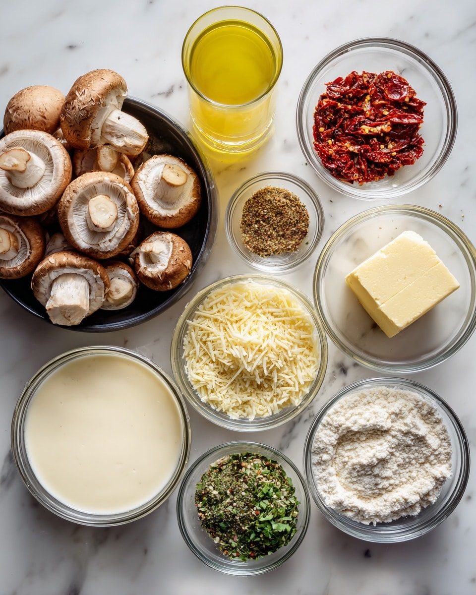 A top-down view of various small clear glass bowls and a black plastic container arranged on a white marbled surface. The black container on the left holds whole and sliced brown mushrooms, showing textures of smooth caps and white stems. Below it is a small glass bowl with finely ground Italian seasoning, mostly brown with green flecks. To the bottom left is a larger round glass bowl filled with creamy off-white heavy cream beside a smaller bowl with a pale yellow block of butter. In the center, a small glass bowl holds fine, pale yellow Parmesan cheese. Around it are smaller glass bowls with bright green chopped basil, deep red sun-dried tomatoes with a wrinkled texture, and reddish paprika powder. Toward the top right are clear glass bowls with white flour, minced garlic that is chunky and pale yellow, and a mix of white salt and black pepper. A tiny bowl near the bottom has red pepper flakes that are small and bright red with seeds visible. A tall clear glass filled with golden yellow chicken broth is near the center top. All items are spaced evenly, well-lit, with the white marbled surface as a clean background. photo taken with an iphone --ar 4:5 --v 7
