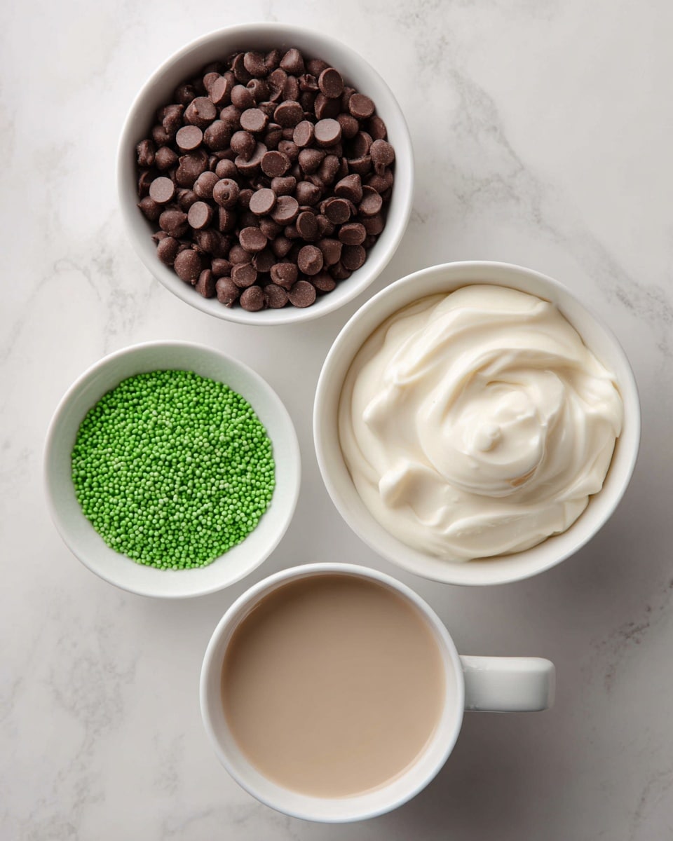 The image shows four white bowls and cups with different contents placed on a white marbled surface. At the top, there is a white bowl filled with many small, round dark brown chocolate chips. Below it and to the right is a white bowl filled with thick, smooth, off-white heavy cream. To the left of the heavy cream is a smaller white bowl filled with many small, bright green round sprinkles. At the bottom right is a white cup filled with a light beige liquid labeled Irish cream. The arrangement is neat in a diamond shape. Photo taken with an iphone --ar 4:5 --v 7