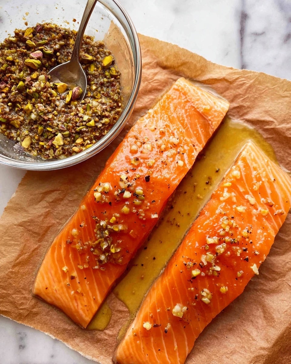 Two raw salmon fillets lie side by side on brown parchment paper on a white marbled surface. Each fillet is bright orange-pink with visible white lines of fat and is topped with a light coating of a glossy sauce with small garlic pieces and scattered black pepper. Below the salmon on the left, a clear glass bowl filled with a greenish-brown nut and herb mixture sits with a metal spoon inside. The texture of the mixture appears chunky and coarse, with visible pistachios and herbs. Photo taken with an iphone --ar 4:5 --v 7