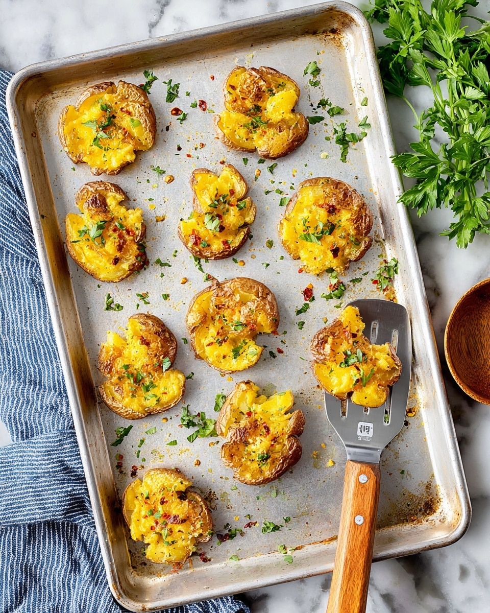 The image shows a metal baking tray with eleven golden smashed potatoes placed in a loose grid. Each potato is lightly crushed flat with rough edges and crispy, browned skins. The tops of the potatoes layer a bright yellow mash with small melted cheese spots and light seasoning with small green herb flakes and tiny red chili bits scattered on top. A metal spatula with a wooden handle holds one potato near the bottom right corner of the tray. The tray sits on a white marbled surface decorated with sprigs of fresh green parsley on the right side, and a small wooden bowl with a wooden spoon is partially visible at the bottom. A blue and white striped cloth lies on the left side of the tray. Photo taken with an iphone --ar 4:5 --v 7