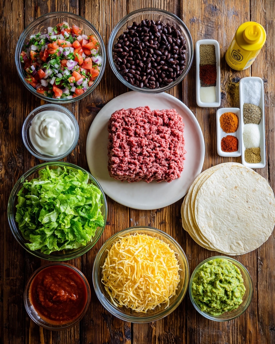 The image shows a wooden surface with various bowls and plates holding ingredients for a meal. At the center, there is a white plate with a large block of raw ground beef. To the top left, a clear round bowl holds fresh pico de gallo with red tomatoes, white onions, and green herbs. Next to it, a larger clear bowl contains shiny black beans. Below, another clear bowl is filled with shredded yellow cheese. A small white dish holds a dollop of white sour cream, and beside it, a small clear bowl with thick red tomato paste. On the bottom left, a clear bowl is full of chopped green lettuce, and next to it, a clear bowl holds green guacamole. To the right, there are two white flour tortillas stacked, and a yellow cooking spray can is placed vertically beside them. Finally, a white rectangular dish displays neatly arranged spices with colors like red and brown powders. photo taken with an iphone --ar 4:5 --v 7