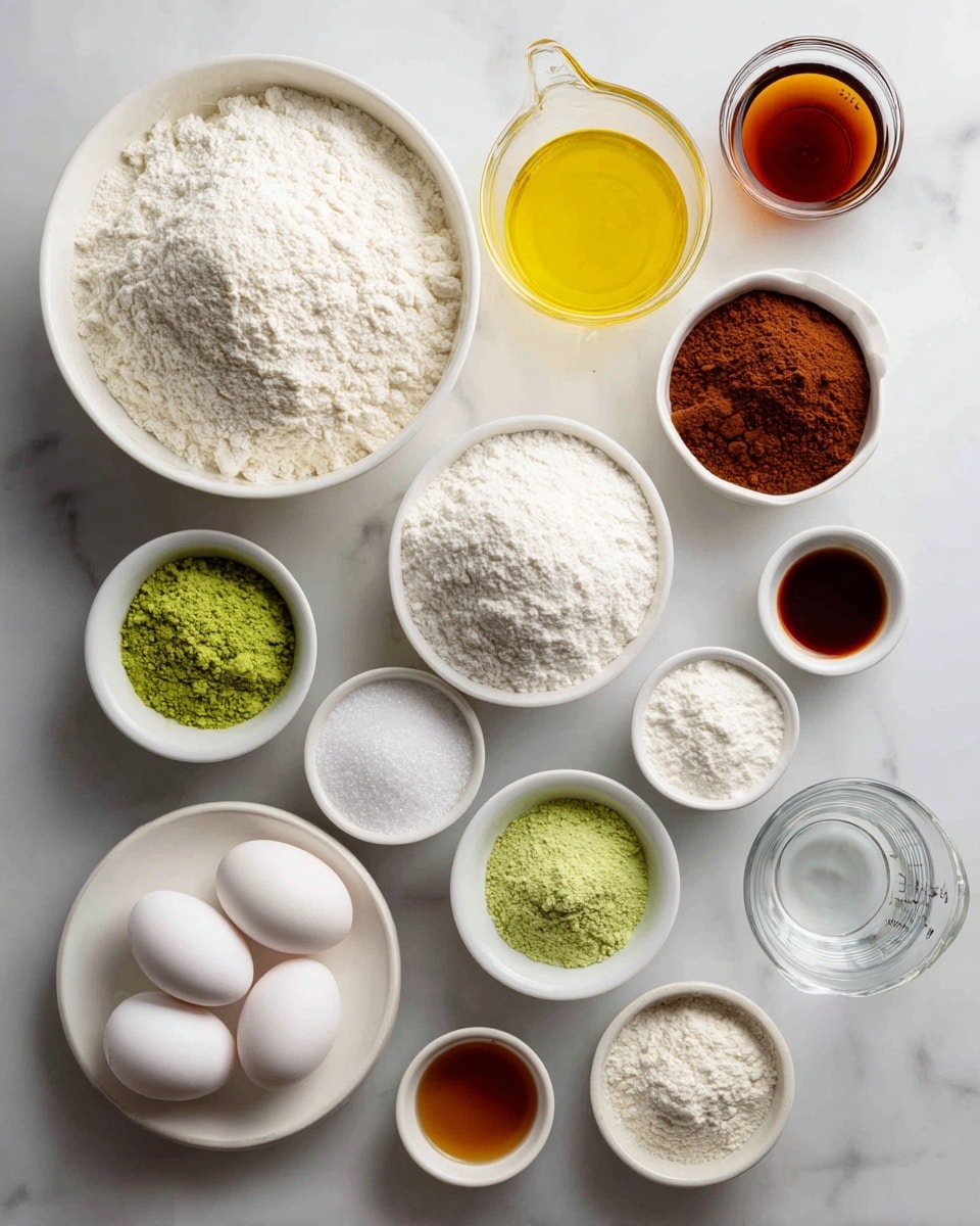 The image shows a top view of various baking ingredients neatly arranged on a white marbled surface. There are 12 containers, mostly white bowls filled with different powders and liquids, placed in a loose circular pattern. On the left, a large white bowl holds gluten free flour, looking soft and powdery in white color. Next to it is a clear glass measuring cup with yellow oil. At the center bottom, a white round plate holds four white eggs. Around them are small white bowls filled with white cornstarch, bright green pistachio flour, white salt, white baking powder, and white sugar. A bowl with rich brown cocoa powder is placed towards the bottom left. Two small white bowls hold clear almond extract and dark amber vanilla liquid. A clear glass measuring cup holds water on the right side. Each ingredient is labeled with bold, typed black text in white boxes above or beside them. The whole setup is clean and bright. photo taken with an iphone --ar 4:5 --v 7