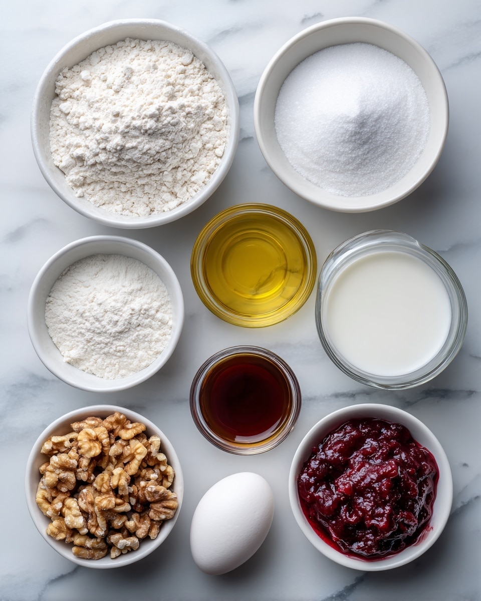 The image shows eleven small white bowls and one white egg arranged on a white marbled surface. Starting from the top left, there is a bowl filled with white gluten-free flour with a powdery texture, next to it a bowl filled with fine white sugar. On the right side, there is a smaller bowl with white baking powder, and below that another small bowl containing white salt. Below the flour, there is a clear glass container filled with golden oil, followed by a whole white egg placed beside it. In the middle row, there is a glass cup of white non-dairy milk and a small bowl with dark amber vanilla extract. At the bottom left, a bowl holds crushed light brown walnuts with a rough texture. Finally, at the bottom right, a bowl contains thick, chunky, red cranberry sauce. All the items are laid out neatly with their labels on the white marbled background. photo taken with an iphone --ar 4:5 --v 7