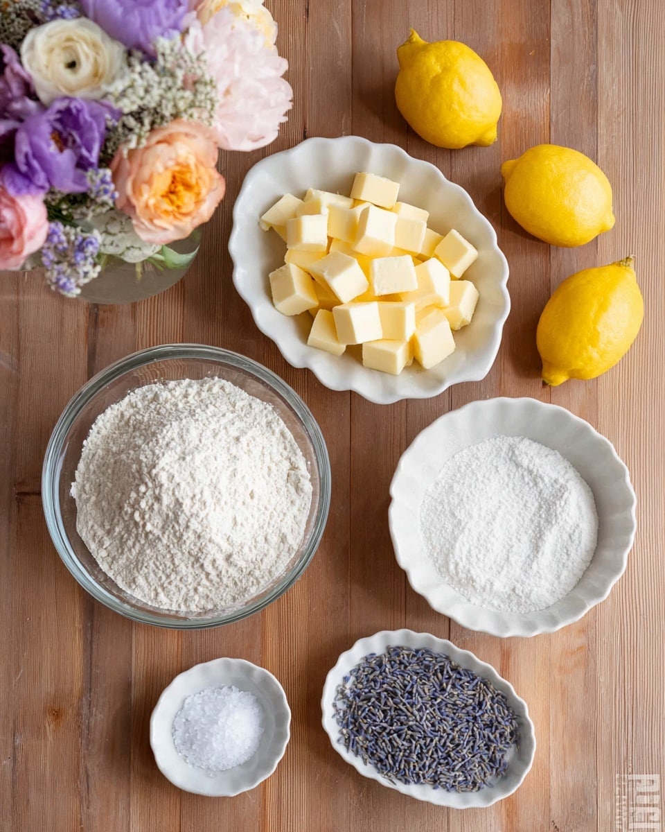 The image shows a wooden surface with several bowls and two whole lemons arranged neatly. In the top right, there is a white bowl filled with small cubes of pale yellow butter. Below it, another white bowl holds a mound of fine white powder, likely powdered sugar. To the left of these bowls is a clear glass bowl filled with a heap of fine white flour. Below the glass bowl, there are three small white dishes: one with coarse white sugar, one with dried lavender buds that are purple and textured, and one with another white powder, possibly cornstarch or flour. In the top left corner, a bouquet of mixed pastel-colored flowers adds a soft touch. Photo taken with an iphone --ar 4:5 --v 7