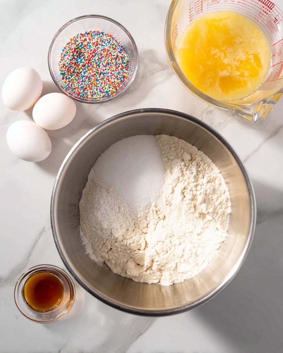 A large silver mixing bowl sits on a white marbled surface, half filled with white flour and white granulated sugar side by side, showing a clear division between the two. To the left of the bowl, there is a small clear glass bowl filled with colorful sprinkles next to two whole white eggs. Near the bottom left of the frame, a tiny cup with amber-colored vanilla extract is placed. At the top right, a transparent measuring glass shows a yellowish mixture, possibly melted butter and eggs. The scene is bright with natural light. photo taken with an iphone --ar 4:5 --v 7