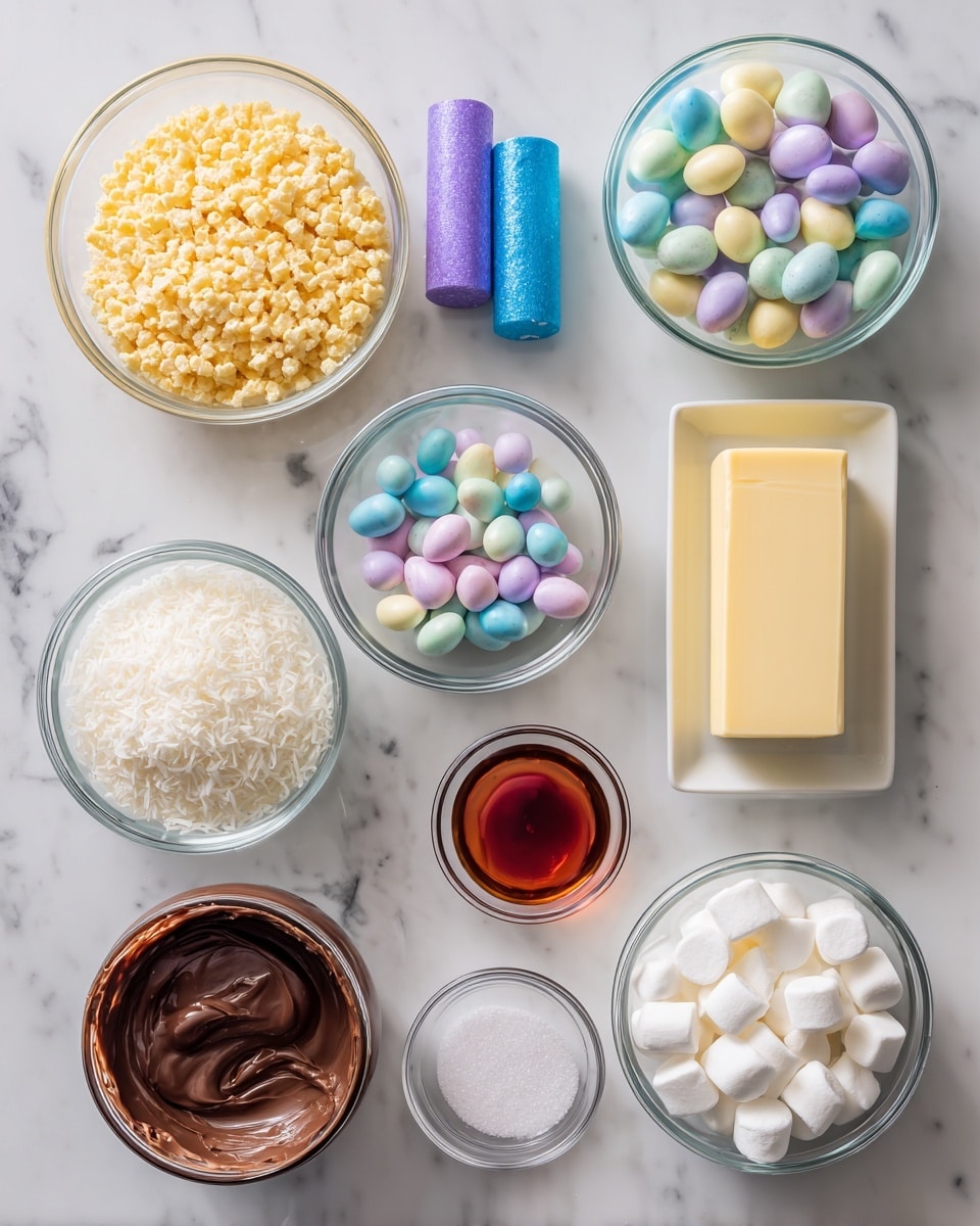The image shows nine clear glass bowls and a rectangular glass dish on a white marbled surface, each filled with different ingredients. From left to right in the top row are a bowl of light golden Rice Krispie cereal, two small tubes of blue and purple food color, a bowl full of pastel mini Cadbury eggs in yellow, white, blue, and pink, and a rectangular dish holding a stick of pale yellow unsalted butter. Below these are a bowl of white coconut shreds on the left, a bowl of smooth, dark brown Nutella spread in the center, a small bowl with reddish-brown vanilla extract to the right, a tiny bowl of white salt below the extract, and a larger bowl of white mini marshmallows on the far right. All bowls are placed neatly with clear labels on each ingredient in black text. Photo taken with an iphone --ar 4:5 --v 7