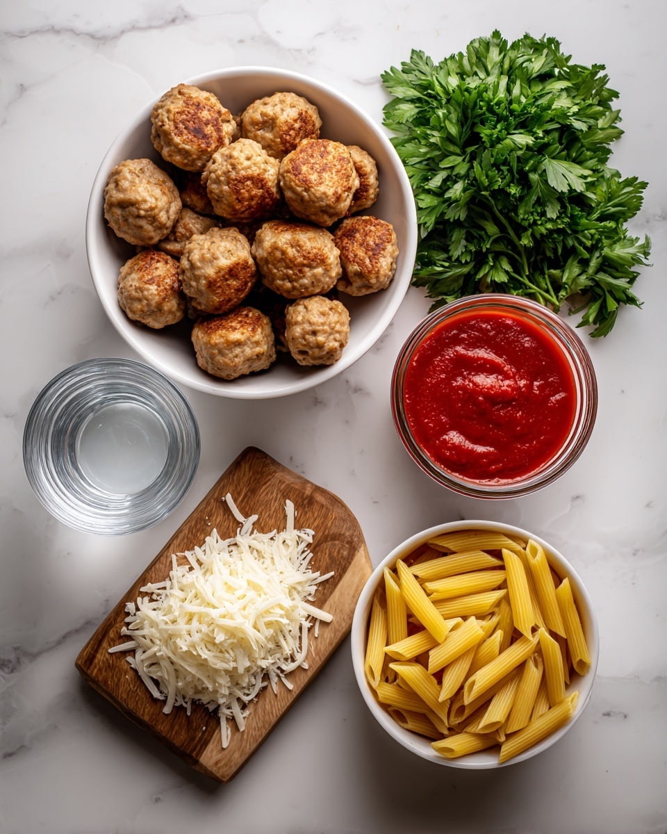 The image shows a top view of ingredients arranged on a white marbled surface. There is one white bowl filled with about 24-30 golden-brown cooked frozen meatballs with a slightly rough texture on the top left. Next to it on the top right is a bunch of fresh green parsley with leafy texture. Below the parsley is an open glass jar of bright red marinara sauce with a smooth and thick look. Positioned to the right below the meatballs is a white bowl filled with uncooked yellow penne pasta, showing smooth, cylindrical tube shapes. To the left of the pasta is a clear glass of plain water, and beneath that is a small wooden board covered with a heap of fluffy, white grated mozzarella cheese. Photo taken with an iphone --ar 4:5 --v 7