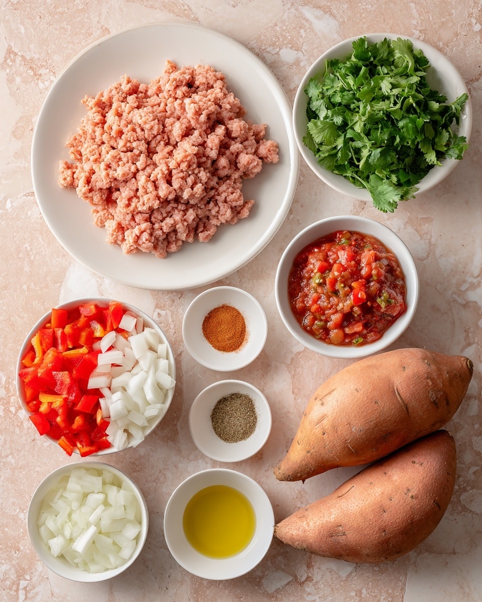 The image shows several ingredients placed on a light pink tiled surface with a white marbled texture. In the center left, there is a white plate with ground turkey or beef, pinkish with a slightly grainy texture. Below it are two raw sweet potatoes, brownish-orange and rough. To the right of the sweet potatoes is a small white bowl filled with salsa, red with chunks of vegetables. Above it is a small white bowl with four spices segmented: chili powder (reddish-brown), salt (white), garlic powder (light yellow), and cumin (light brown). At the bottom left, a white bowl holds chopped red bell pepper and white onion pieces. Next to it, another small white bowl contains fresh green cilantro leaves. On the bottom right, there’s another white bowl with a small amount of golden yellow olive oil. The scene is bright and clear, photo taken with an iphone --ar 4:5 --v 7