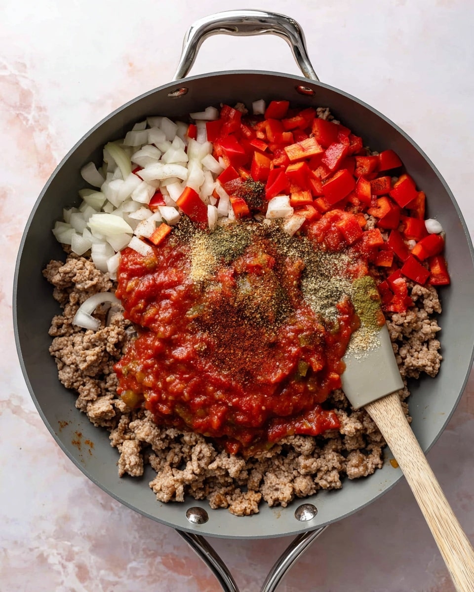 In a grey pan with two handles, there is a base layer of cooked ground meat with a crumbly texture in light brown color. On top of this, there is a layer of diced red bell peppers and white onions scattered evenly, showing bright red and white colors with a crisp texture. A thick, chunky red sauce with green bell pepper pieces sits in the center on top. Finally, there are several different spices sprinkled in small piles over the vegetables and meat, showing light brown and reddish hues. A beige spatula with a black head is resting in the pan against the ingredients. The pan is placed on a white marbled surface. Photo taken with an iphone --ar 4:5 --v 7