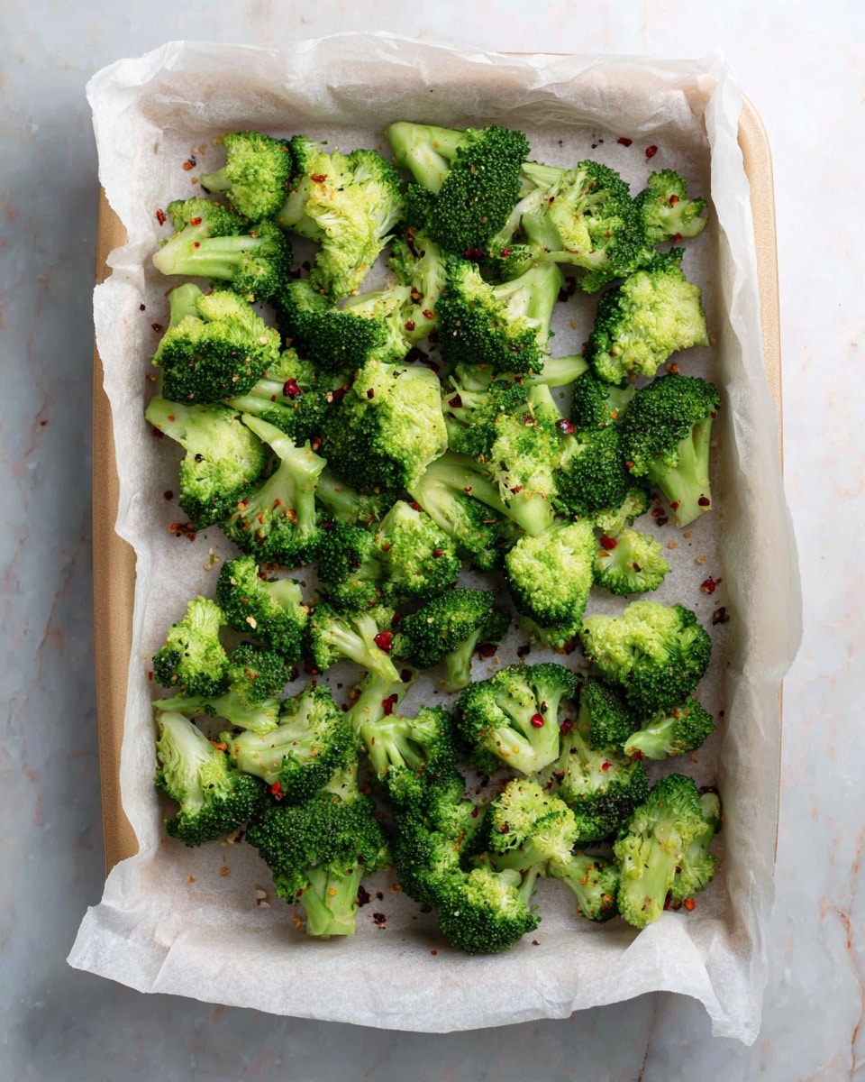 A tray lined with white parchment paper holds many small, bright green broccoli pieces spread evenly across the surface. The broccoli florets are fresh with visible texture on their tops and lighter green stems. Tiny red chili flakes and small black specks are scattered lightly over the broccoli, adding a dash of color and spice. The tray is set on a white marbled surface that contrasts softly with the vibrant green of the broccoli. photo taken with an iphone --ar 4:5 --v 7
