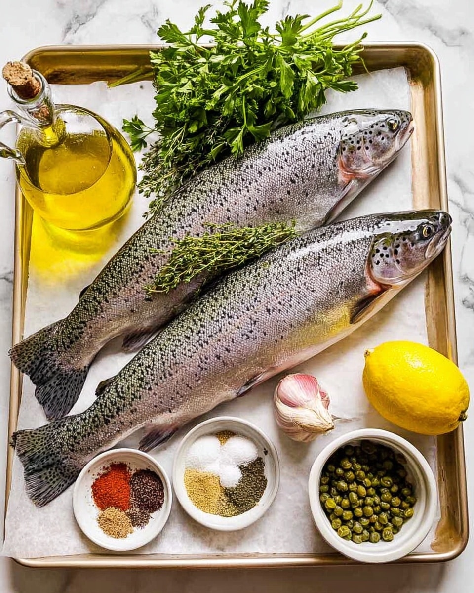 The image shows two whole fish with shiny, speckled grey skin placed side by side on a baking tray lined with white parchment paper. To the upper left of the fish, there is a clear glass bottle filled with golden olive oil, next to a bunch of fresh green herbs including parsley and thyme. A white round plate holds four piles of spices in natural colors: dark brown, white, red, and light green, along with a small clove of raw garlic. At the top right corner of the tray sits a bright yellow lemon, and at the bottom right corner, there is a small white bowl filled with green capers. The tray is set against a white marbled surface. Photo taken with an iphone --ar 4:5 --v 7