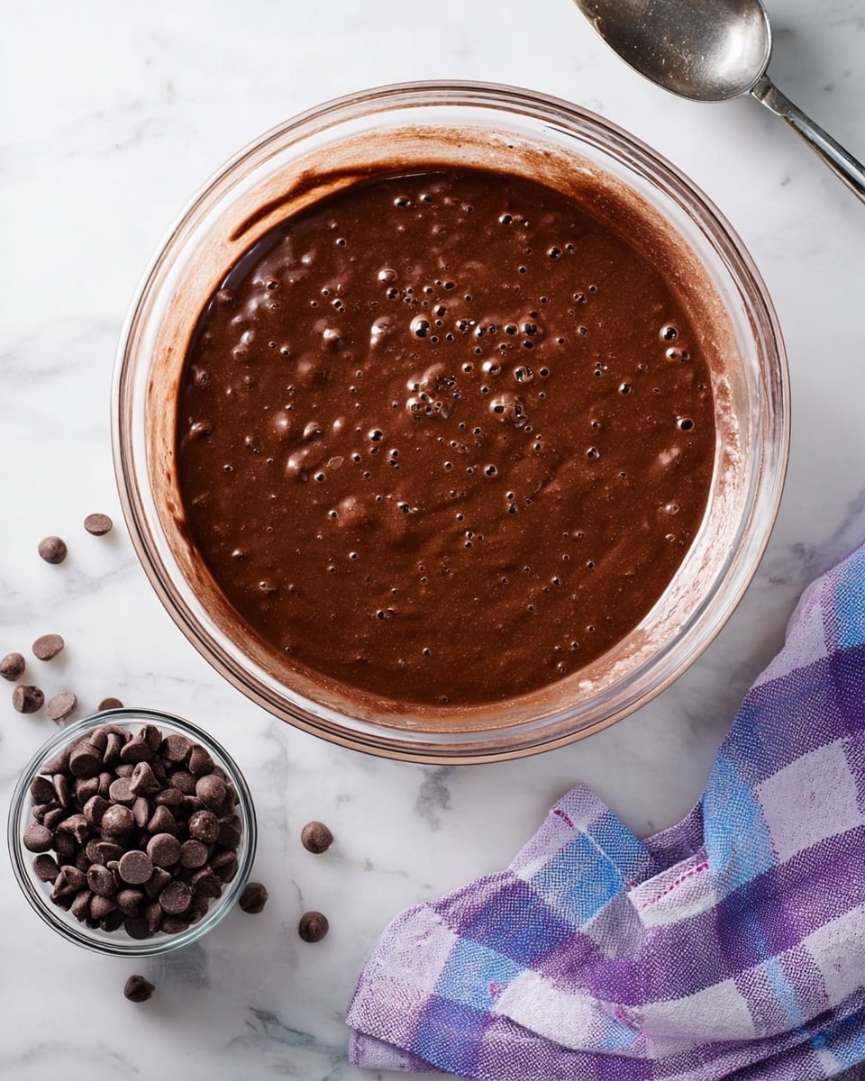 A large clear glass bowl filled with thick, dark brown chocolate batter that has small bubbles on the surface, showing a smooth and rich texture. Next to the bowl, there is a smaller clear glass bowl full of dark brown chocolate chips, and a metallic scoop holding some chocolate chips resting nearby. At the lower right corner, a folded purple, blue, and white checkered cloth is placed on a white marbled surface. The scene is brightly lit with soft natural light. photo taken with an iphone --ar 4:5 --v 7