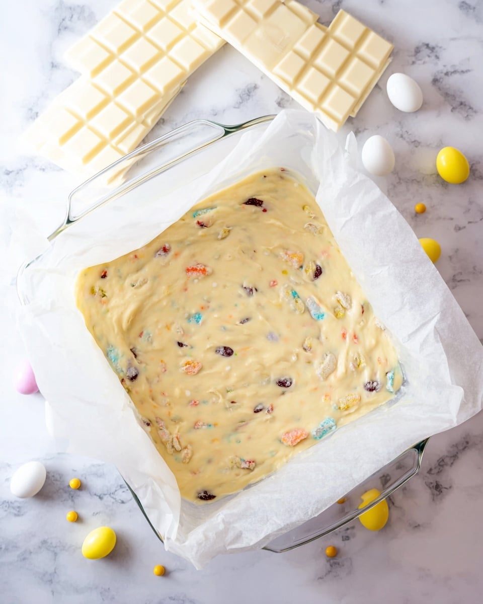 A clear square glass baking dish lined with white parchment paper holds a thick pale yellow batter mixed with small pieces of colorful candy and chocolate. The batter is spread evenly, covering the center and edges of the parchment paper inside the dish. Around the dish, there are white and yellow small egg-shaped candies on a white marbled surface, with large white chocolate bars and a white utensil resting nearby. photo taken with an iphone --ar 4:5 --v 7