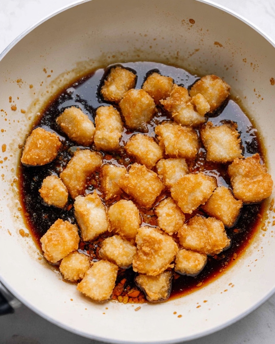 The image shows a white pan with small pieces of fried food, golden brown and crispy on the edges, sitting in a dark brown sauce that pools at the bottom, covering about one-third of the pieces. The pan has some splashes and oil marks along the sides, and the pieces are spread unevenly, with some touching each other and others slightly apart. The overall texture of the fried pieces looks crunchy on top, with softer parts beneath. The background surface is a white marbled texture. photo taken with an iphone --ar 4:5 --v 7