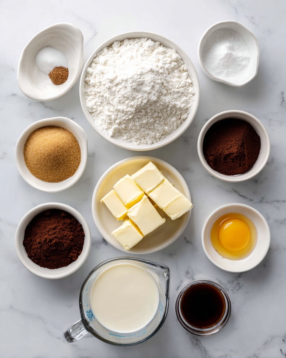 The image shows ten small white bowls and a glass measuring cup with ingredients arranged neatly on a white marbled surface. At the center is a white bowl filled with a soft white powder labeled all purpose flour. To its right, three small bowls hold fine white baking soda, salt, and dark brown espresso powder. Below the flour is a transparent glass measuring cup with creamy buttermilk. Next to the buttermilk is a white bowl with two blocks of pale yellow unsalted butter. Above this is a small white bowl with a raw egg displaying its yellow yolk and clear white. On the left side, a white bowl contains soft, golden brown packed brown sugar. Above it, a small white cup holds dark amber vanilla extract. Lastly, below the brown sugar is a small glass bowl filled with dark brown unsweetened cocoa powder. All bowls are evenly spaced and clearly labeled. Photo taken with an iphone --ar 4:5 --v 7