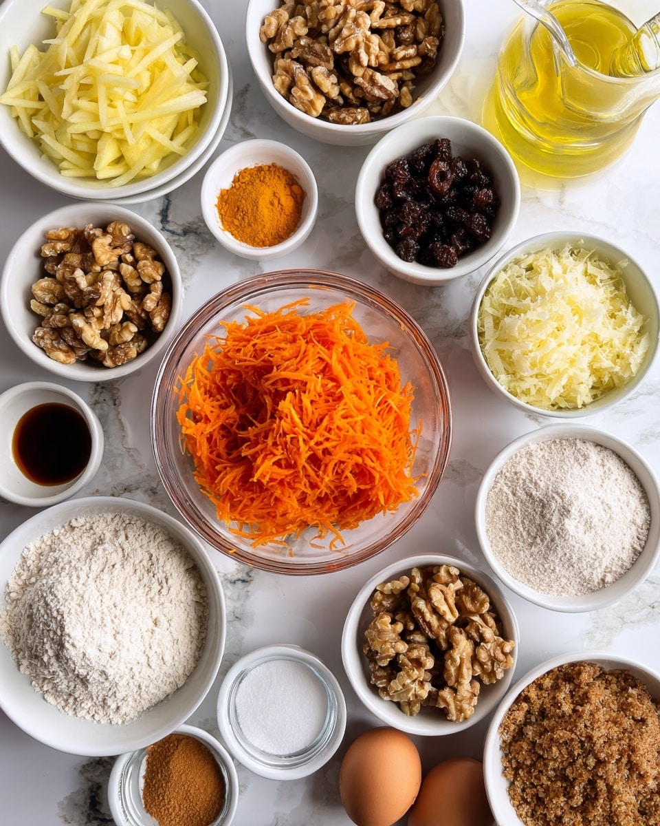 The image shows an overhead view of many small white bowls and a clear glass bowl placed on a white marbled surface, each filled with different baking ingredients. In the center is a clear glass bowl filled with bright orange shredded carrots. Surrounding it are white bowls with various ingredients: shredded apple in pale yellow, raisins in dark brown, shredded coconut in white, crushed pineapple in yellow, walnuts in light brown, brown sugar with a grainy texture, and all purpose flour with a powdery white color. There are also small white bowls with baking soda, salt, cinnamon, ground ginger, orange zest in bright orange, and vanilla extract, which is dark brown liquid. A measuring cup with light yellow vegetable oil and a white bowl with three whole eggs are also included. All bowls are neatly arranged with clear spacing and good lighting, photo taken with an iphone --ar 4:5 --v 7