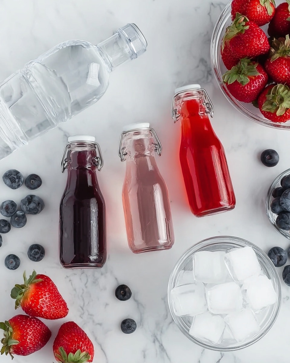 The image shows three small glass bottles filled with liquid in shades of dark purple, bright red, and light pink, arranged vertically from left to right on a white marbled surface. Around the bottles are fresh strawberries with green leaves, scattered blueberries, a clear glass bowl full of ice cubes, and a nearly full clear plastic bottle of water tilted slightly to the left. The overall composition highlights the bright colors of the drinks and fruits against the clean white marble background. photo taken with an iphone --ar 4:5 --v 7