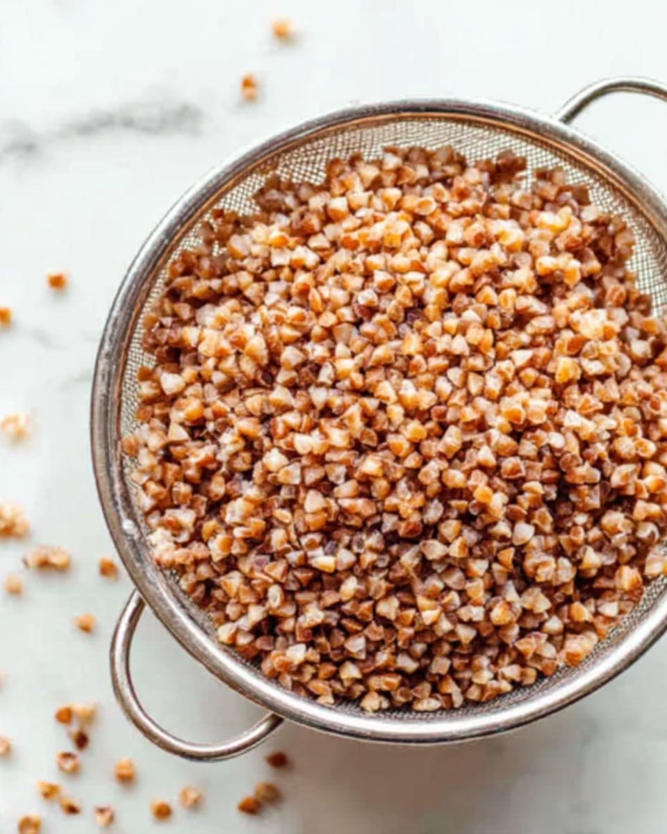 A close-up image of cooked buckwheat in a round metal strainer with two small handles on the side. The buckwheat grains are light brown and separated, showing a grainy texture. The strainer is positioned on a white marbled surface, and there are a few scattered buckwheat grains around it. The lighting highlights the texture and color of the grains clearly. photo taken with an iphone --ar 4:5 --v 7