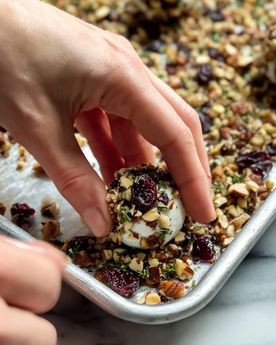 A close-up image showing a woman's hand rolling a small white ball covered with finely chopped light brown nuts, dark red dried cranberries, and small green herb leaves on top of a baking tray filled with the same mix. The tray has a shiny silver texture and it sits on a white marbled surface. The small ball has a soft and smooth white base, fully coated with the nut and cranberry mixture, with a woman's other hand partly visible in the lower left corner. photo taken with an iphone --ar 4:5 --v 7
