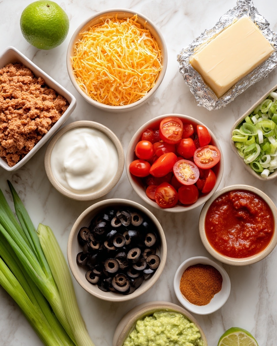 The image shows an arrangement of ingredients on a white marbled surface, each in small white or beige bowls. There are multiple layers of textures and colors: light brown refried beans with a crumbly texture in one bowl, loose and bright orange shredded cheese in another, shiny black sliced olives in a small white bowl, and bright red cherry tomatoes sliced into halves in a beige bowl. Nearby, there is a light green guacamole with a slightly chunky texture, white smooth sour cream in another beige bowl, and a red salsa with visible chunks in a small white bowl. A block of cream cheese wrapped in silver foil and fresh green onions with long stems lie in the background. A green lime cut in half and a bowl of orange-brown taco seasoning powder complete the setup. The overall layout is clean and colorful. photo taken with an iphone --ar 4:5 --v 7
