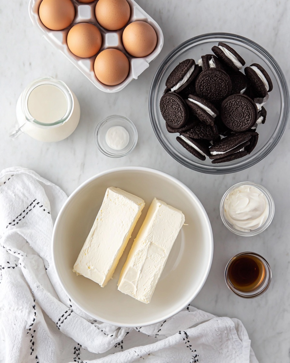 A white bowl sits in the center on a white marbled surface, holding two rectangular blocks of smooth, creamy white cream cheese. Above the bowl, on the right, is a clear glass bowl filled with many dark chocolate sandwich cookies with white filling. To the left of the glass bowl, there is a small glass jar of white milk and a small glass cup with brown vanilla extract. On the top left, a white egg carton holds eight brown eggs. Below the eggs, a small white container holds white sour cream or yogurt. A white cloth with black line designs is partially visible on the bottom left edge. The overall scene is bright, clean, and arranged neatly. photo taken with an iphone --ar 4:5 --v 7